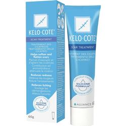 Blaue Verpackung und Tube einer Narbencreme namens Kelo-Cote.