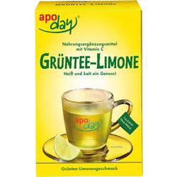 Gelbe Packung mit einem Glas Grüntee und einer Limettenscheibe vorne.