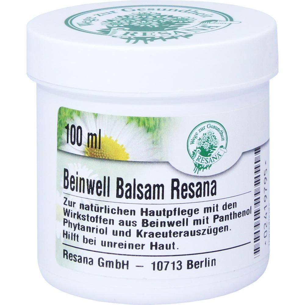 Weiße Dose mit der Aufschrift "Beinwell Balsam Resana" für Hautpflege.