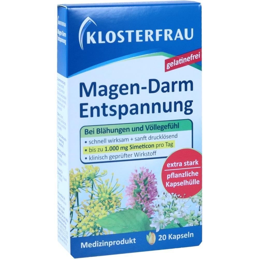 Verpackung des Medikaments "Magen-Darm Entspannung" von Klosterfrau, enthält 20 Kapseln.