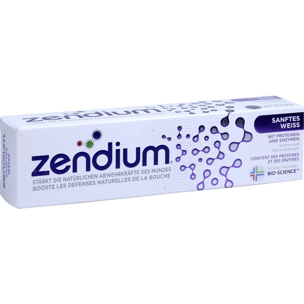 Zahnpasta-Packung von Zendium für sanftes Weiß.