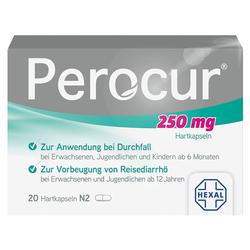 Verpackung von Perocur 250 mg Kapseln zur Anwendung bei Durchfall.